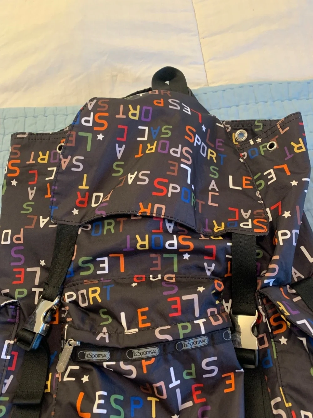 LeSportsac Large Rucksack Backpack Black with Colorful Letters